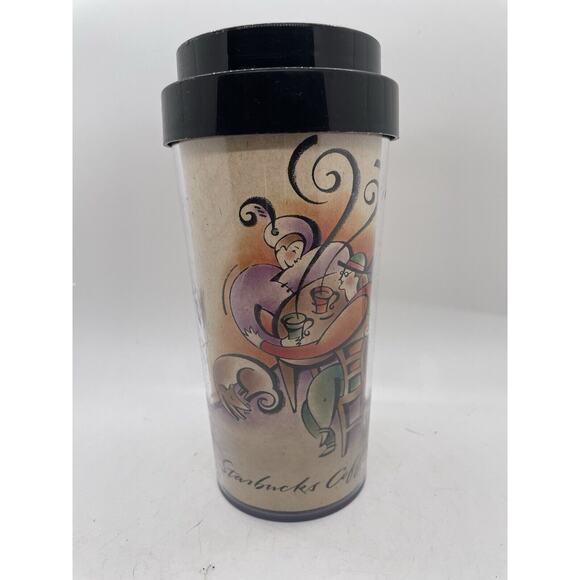 VINTAGE Starbucks Coffee Tumbler Mug With Lid - Couple in Cafe With Dog Classic - Picture 3 of 6